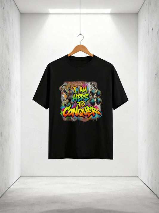 “I Am Here to Conquer” Men’s Gym & Streetwear Graphic T-Shirt Classic Crew T-Shirt