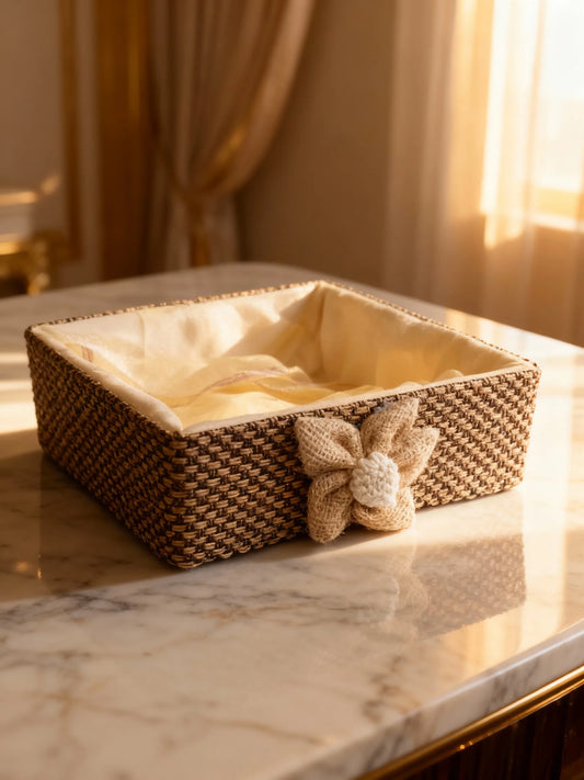 Handcrafted Jute Gift Hamper Net Basket with Fabric Lining & Flower Design