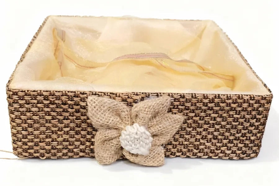 Handcrafted Jute Gift Hamper Net Basket with Fabric Lining & Flower Design