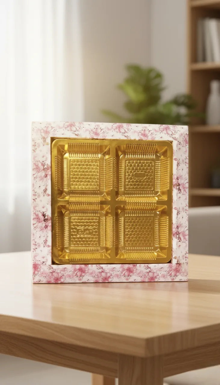 Floral Print wooden dry fruit tray Golden 4-Slot