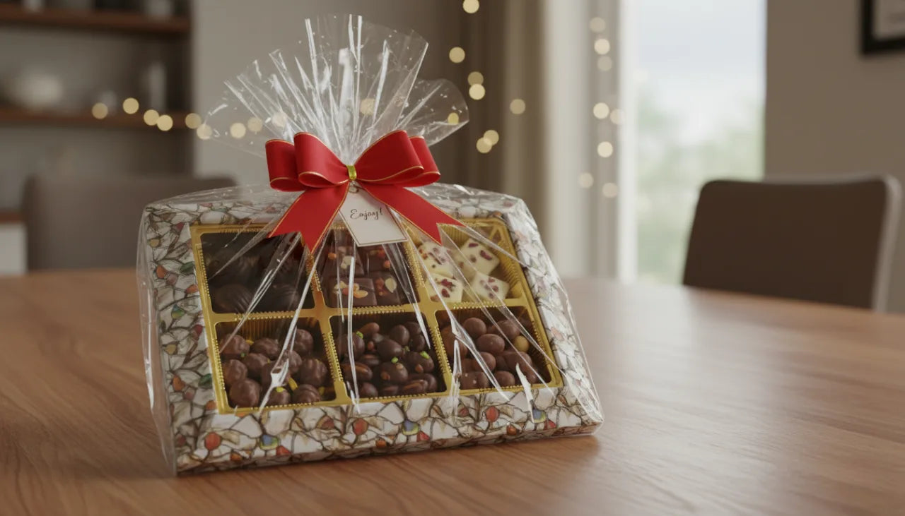 Leaf Print Gift Box with Golden 6-Slot Tray – Chocolate & Dry Fruit Hamper Box