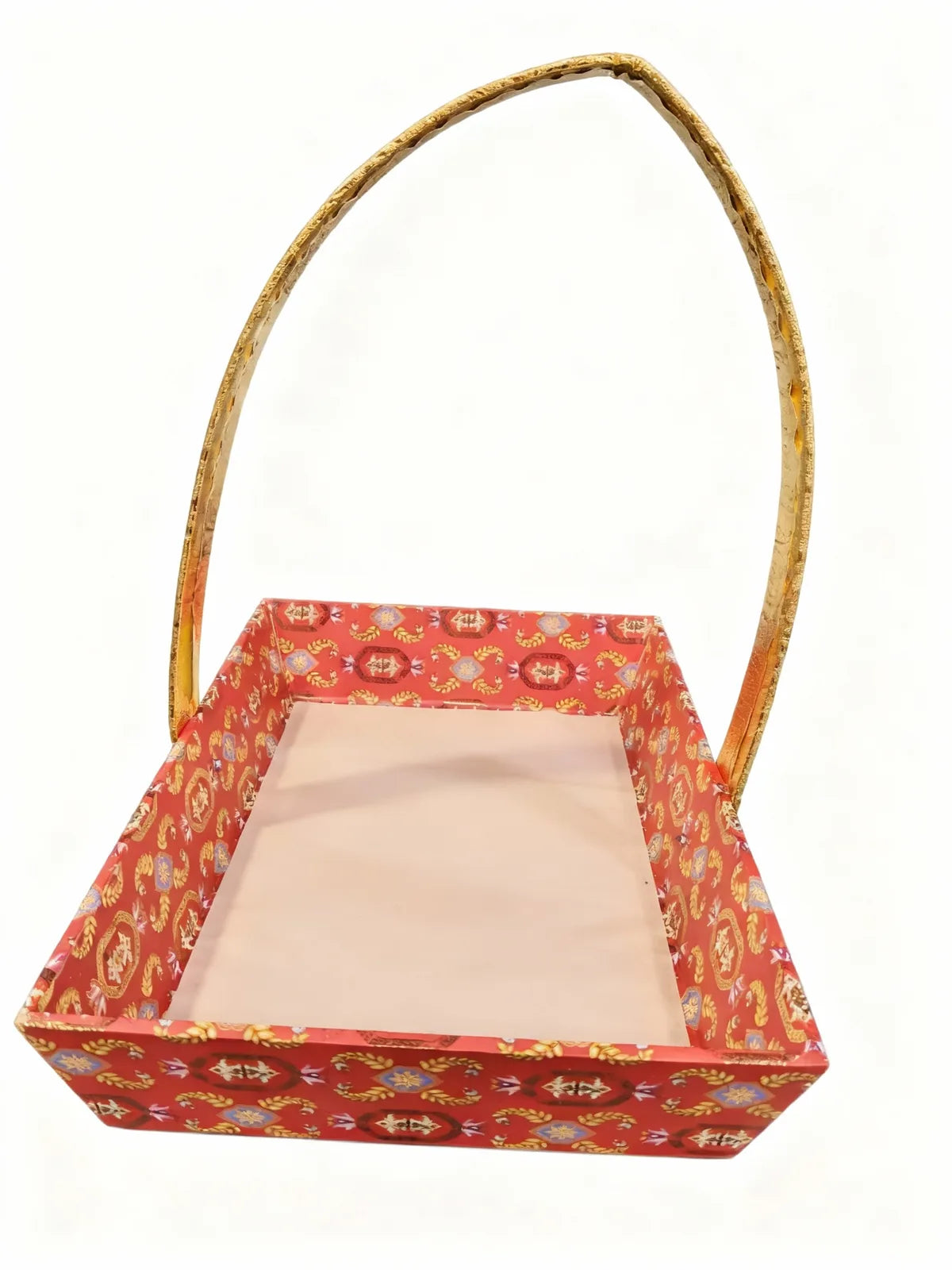 Red Printed Gift Hamper Basket with Golden Handle – Elegant Basket for Festive & Wedding Gifting