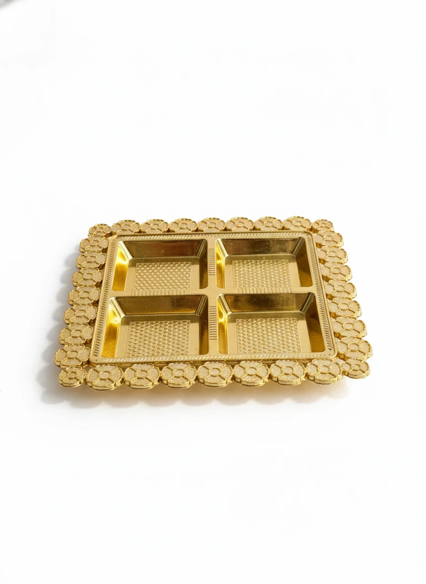 Golden Floral Design Gift Hamper Tray with 4 Compartments – Luxury Dry Fruit & Chocolate Box