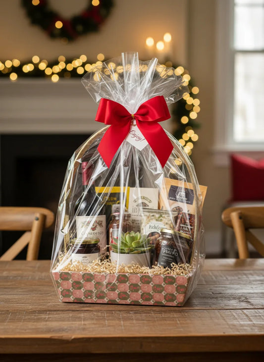 Designer Printed Gift Hamper Basket with Golden Handle – Stylish Basket for Festive & Wedding Gifting