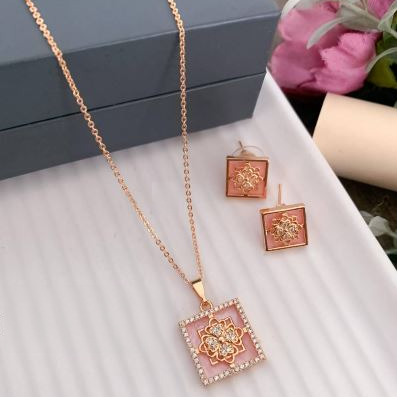 Rose Gold Square Pendant Set for Women | Floral Design | Stainless Steel | Anti-Tarnish Jewelry