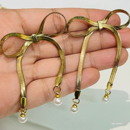 Gold Bow Drop Earrings for Women | Pearl Accents | Anti-Tarnish Stainless Steel Jewelry