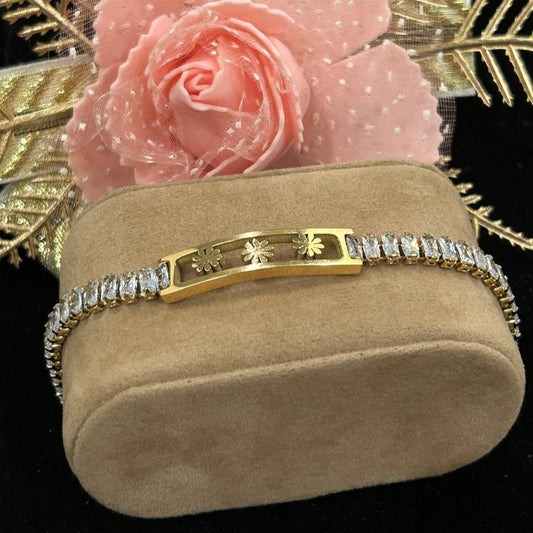 Gold Crystal Tennis Bracelet for Women | Floral Accent | Anti-Tarnish Stainless Steel Jewelry