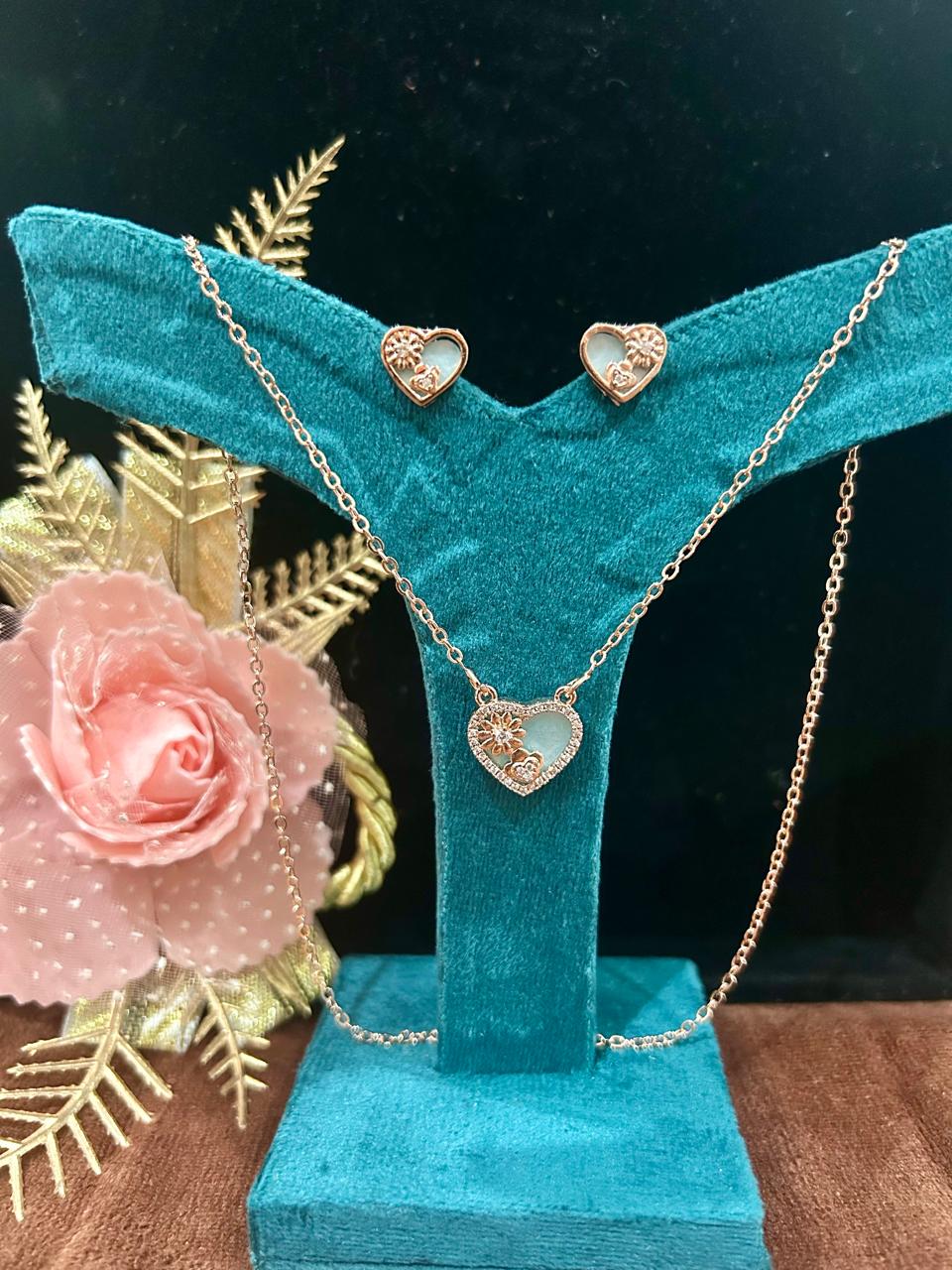 Rose Gold Heart Pendant Set for Women | Aqua Enamel & Floral Detailing | Anti-Tarnish Stainless Steel