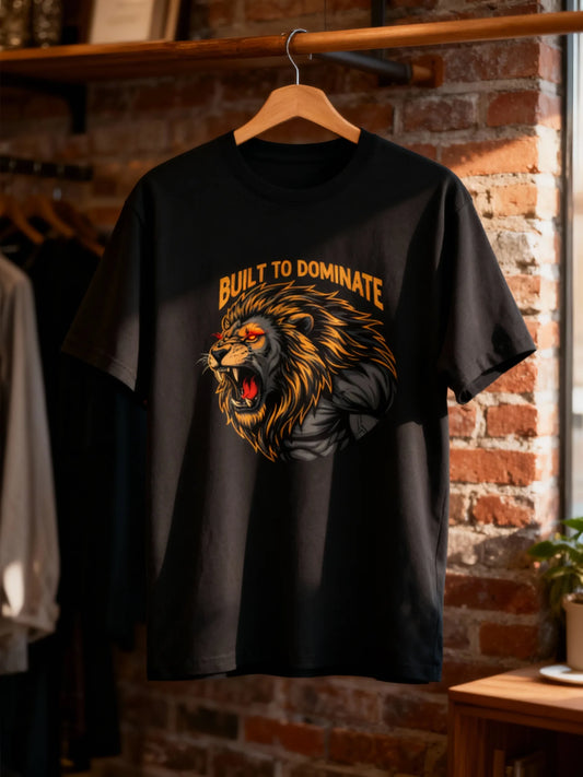 Men’s “Built to Dominate” Lion Graphic Gym & Casual T-Shirt Basic T-Shirt