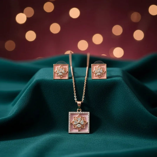 Rose Gold Square Pendant Set for Women | Floral Design | Stainless Steel | Anti-Tarnish Jewelry