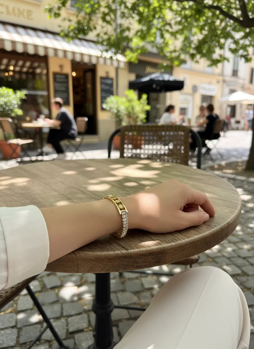Gold Crystal Tennis Bracelet for Women | Floral Accent | Anti-Tarnish Stainless Steel Jewelry