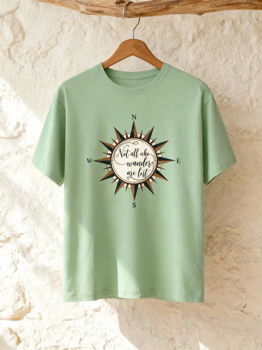 “Not All Who Wander Are Lost” Unisex Travel T-Shirt – Compass Adventure Tee Unisex Classic Crew T-Shirt