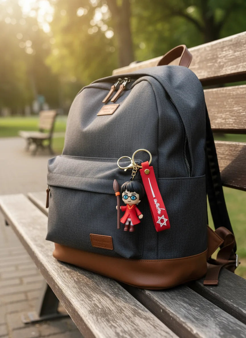 Harry Potter Inspired Wizard Keychain with Magic Wand & Red Strap – Funky Cartoon Rubber Key Ring