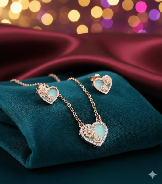 Rose Gold Heart Pendant Set for Women | Aqua Enamel & Floral Detailing | Anti-Tarnish Stainless Steel