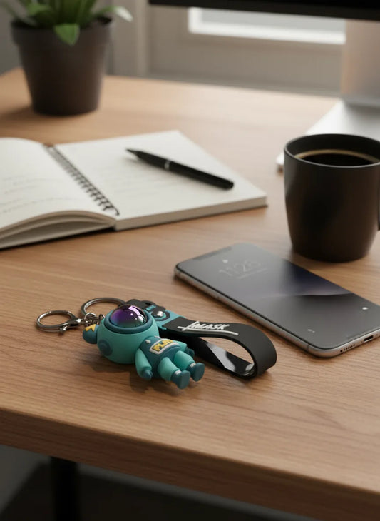 Trendy Astronaut Keychain Teal Blue Color – Funky 3D Rubber Key Ring for Bikes, Bags & Gifts