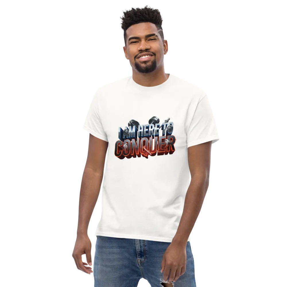 Unisex “I Am Here to Conquer” T-Shirt – Motivational & Casual Wear | Basic T-Shirt