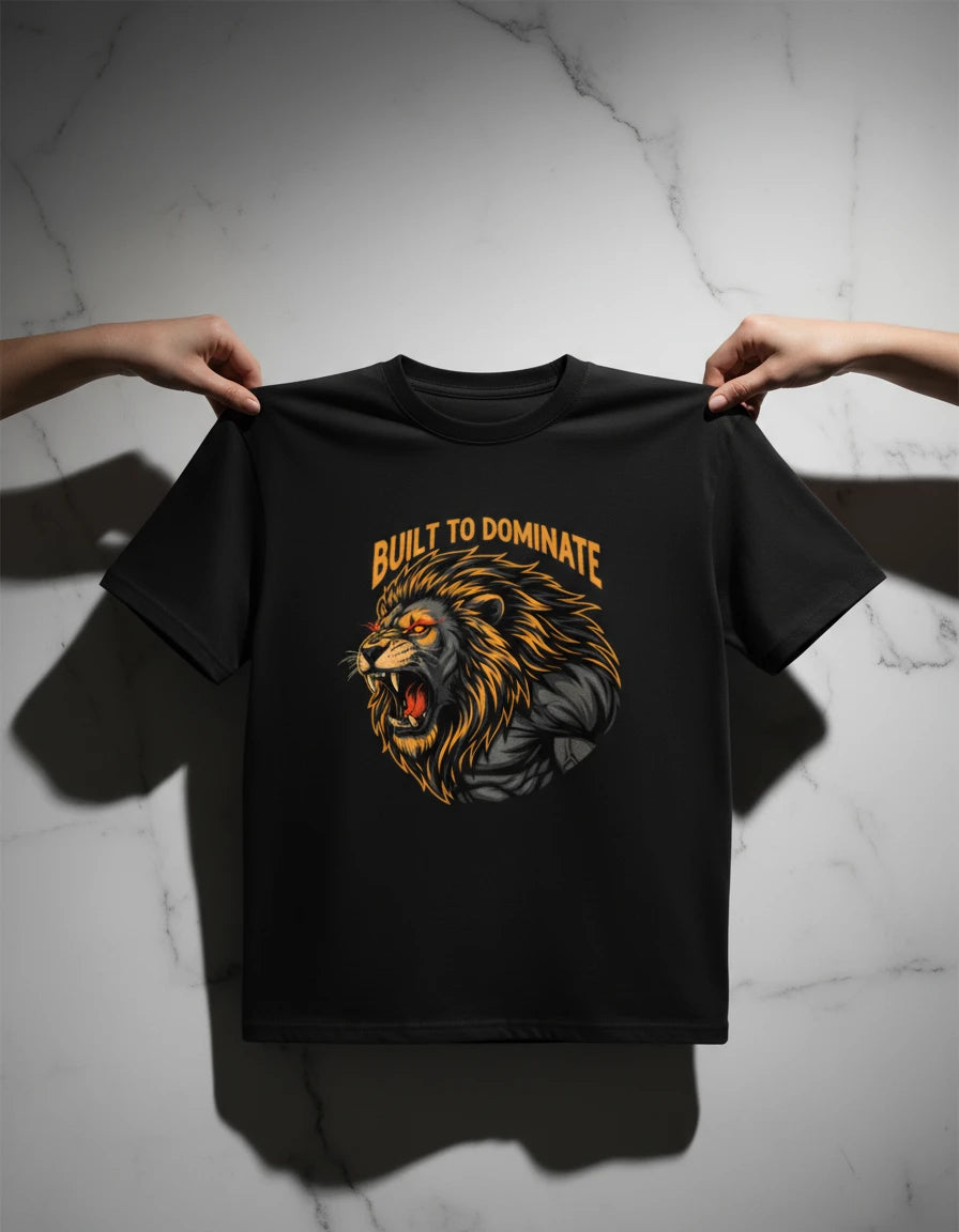 Men’s “Built to Dominate” Lion Graphic Gym & Casual T-Shirt Basic T-Shirt