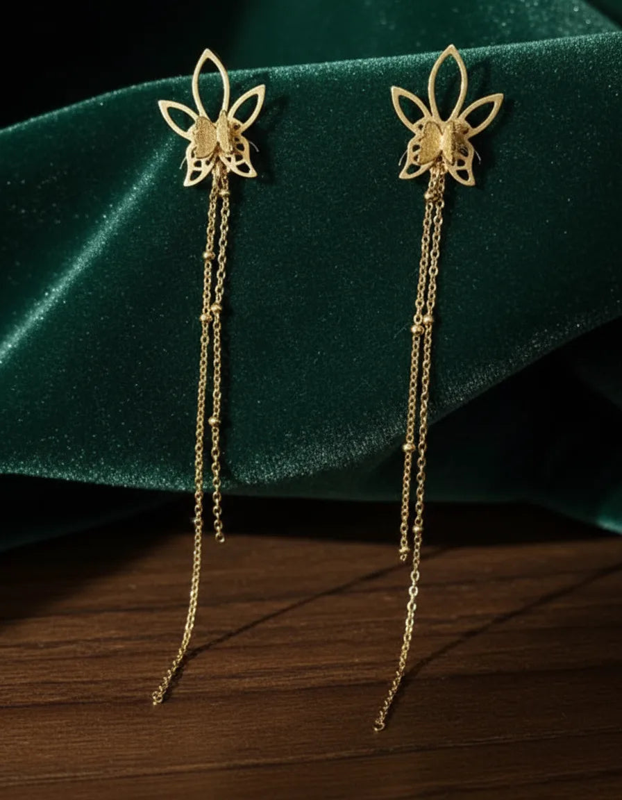 Gold Floral Chain Dangle Earrings for Women | Anti-Tarnish Stainless Steel Jewelry