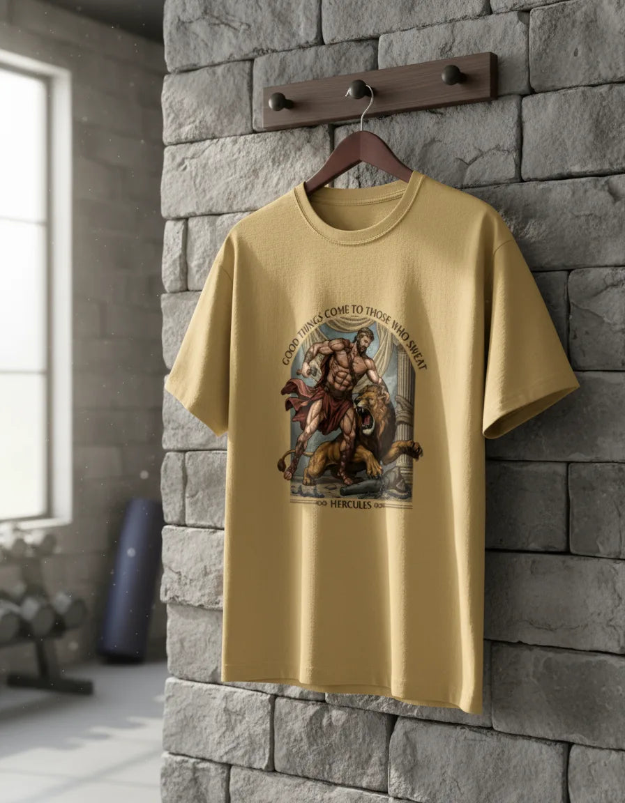 Men’s “Good Things Come to Those Who Sweat” Hercules Graphic T-Shirt – Stylish Casual Wear Classic Crew T-Shirt