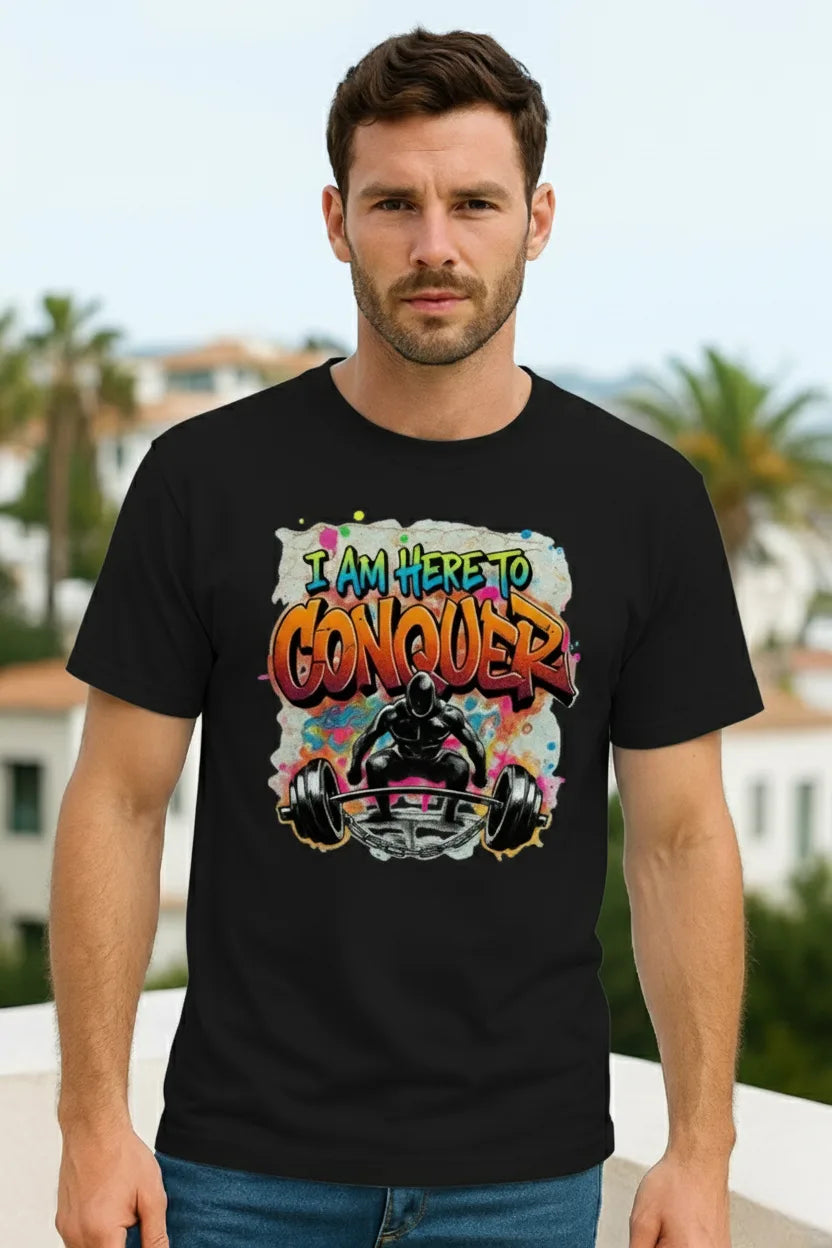 Unisex Classic Crew T-Shirt “I Am Here to Conquer” Graphic Gym T-Shirt – Motivational Workout & Casual Tee