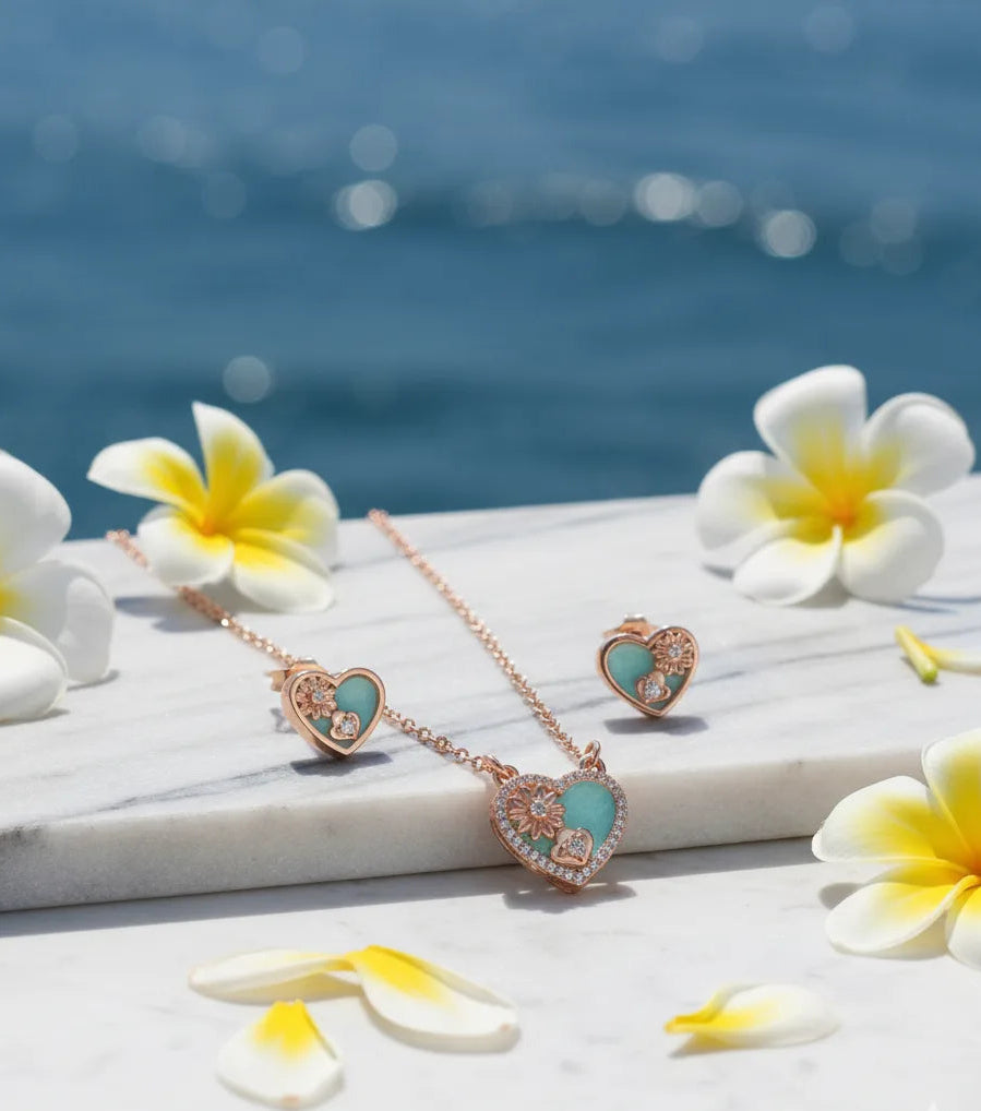 Rose Gold Heart Pendant Set for Women | Aqua Enamel & Floral Detailing | Anti-Tarnish Stainless Steel