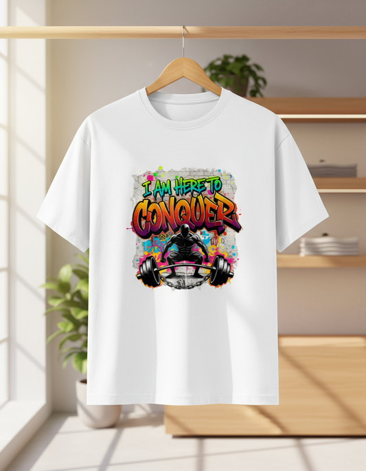 Unisex Classic Crew T-Shirt “I Am Here to Conquer” Graphic Gym T-Shirt – Motivational Workout & Casual Tee