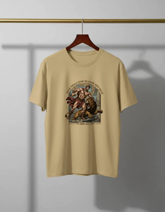 Men’s “Good Things Come to Those Who Sweat” Hercules Graphic T-Shirt – Stylish Casual Wear Classic Crew T-Shirt