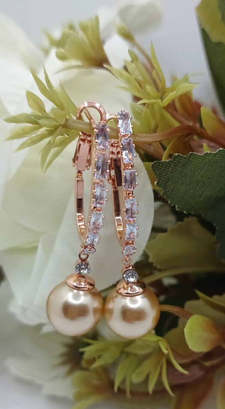Rose Gold Pearl Drop Earrings for Women | Crystal Studded | Anti-Tarnish Stainless Steel Jewelry