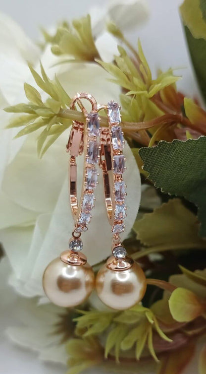 Rose Gold Pearl Drop Earrings for Women | Crystal Studded | Anti-Tarnish Stainless Steel Jewelry
