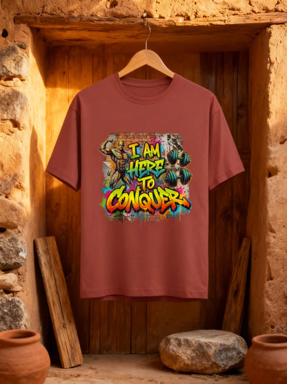 “I Am Here to Conquer” Men’s Gym & Streetwear Graphic T-Shirt Classic Crew T-Shirt