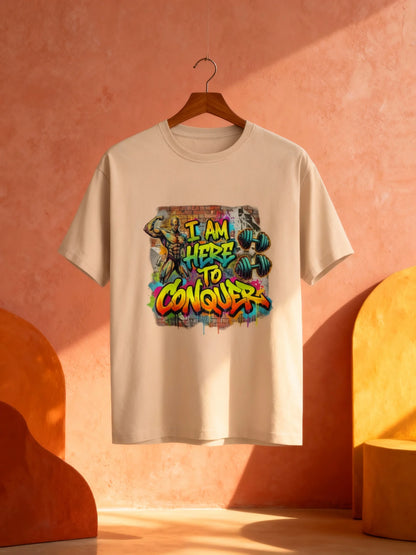 “I Am Here to Conquer” Men’s Gym & Streetwear Graphic T-Shirt Classic Crew T-Shirt
