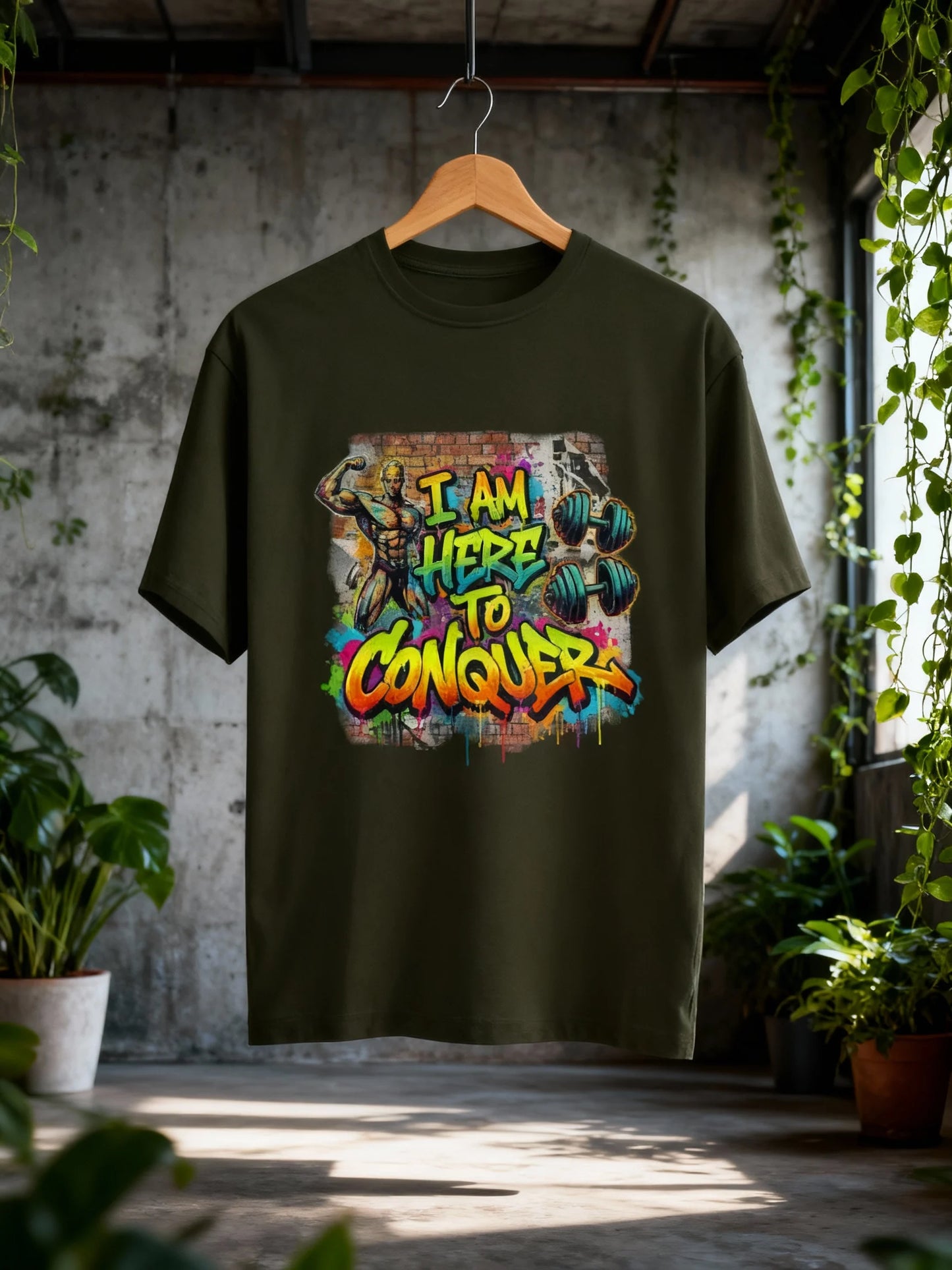 “I Am Here to Conquer” Men’s Gym & Streetwear Graphic T-Shirt Classic Crew T-Shirt
