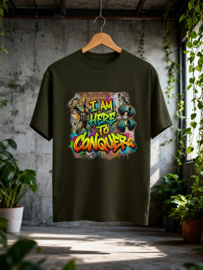 “I Am Here to Conquer” Men’s Gym & Streetwear Graphic T-Shirt Classic Crew T-Shirt
