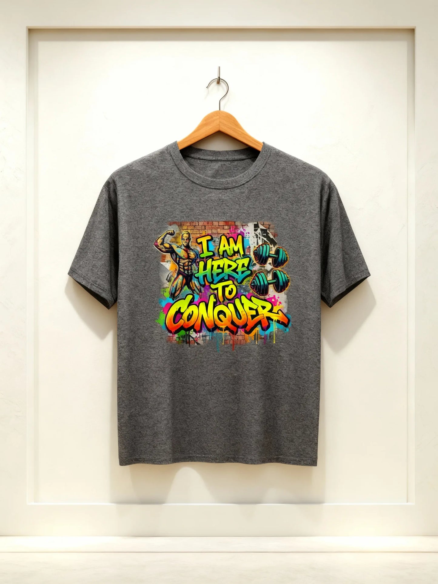 “I Am Here to Conquer” Men’s Gym & Streetwear Graphic T-Shirt Classic Crew T-Shirt
