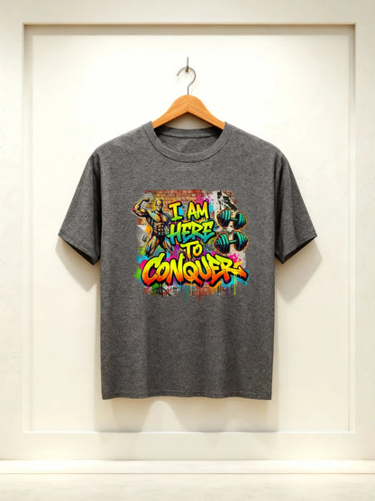 “I Am Here to Conquer” Men’s Gym & Streetwear Graphic T-Shirt Classic Crew T-Shirt