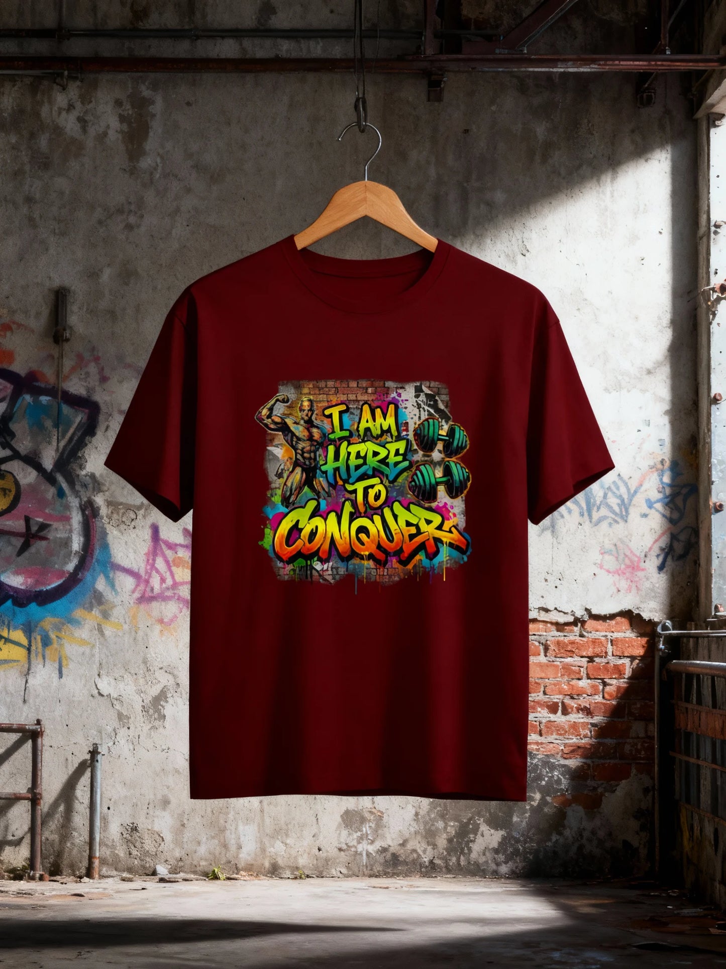 “I Am Here to Conquer” Men’s Gym & Streetwear Graphic T-Shirt Classic Crew T-Shirt