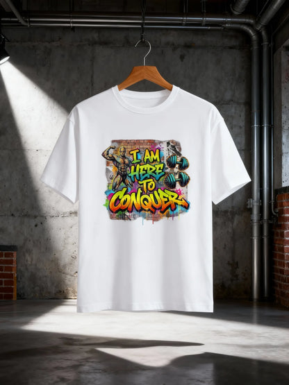 “I Am Here to Conquer” Men’s Gym & Streetwear Graphic T-Shirt Classic Crew T-Shirt
