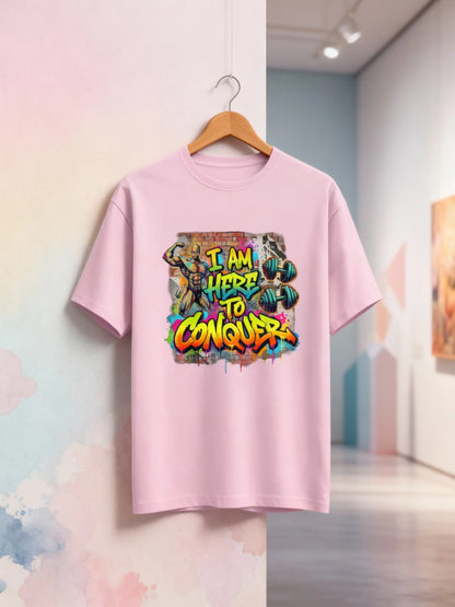 “I Am Here to Conquer” Men’s Gym & Streetwear Graphic T-Shirt Classic Crew T-Shirt