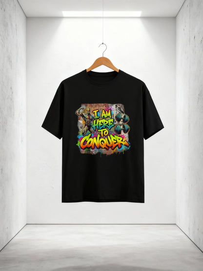 “I Am Here to Conquer” Men’s Gym & Streetwear Graphic T-Shirt Classic Crew T-Shirt