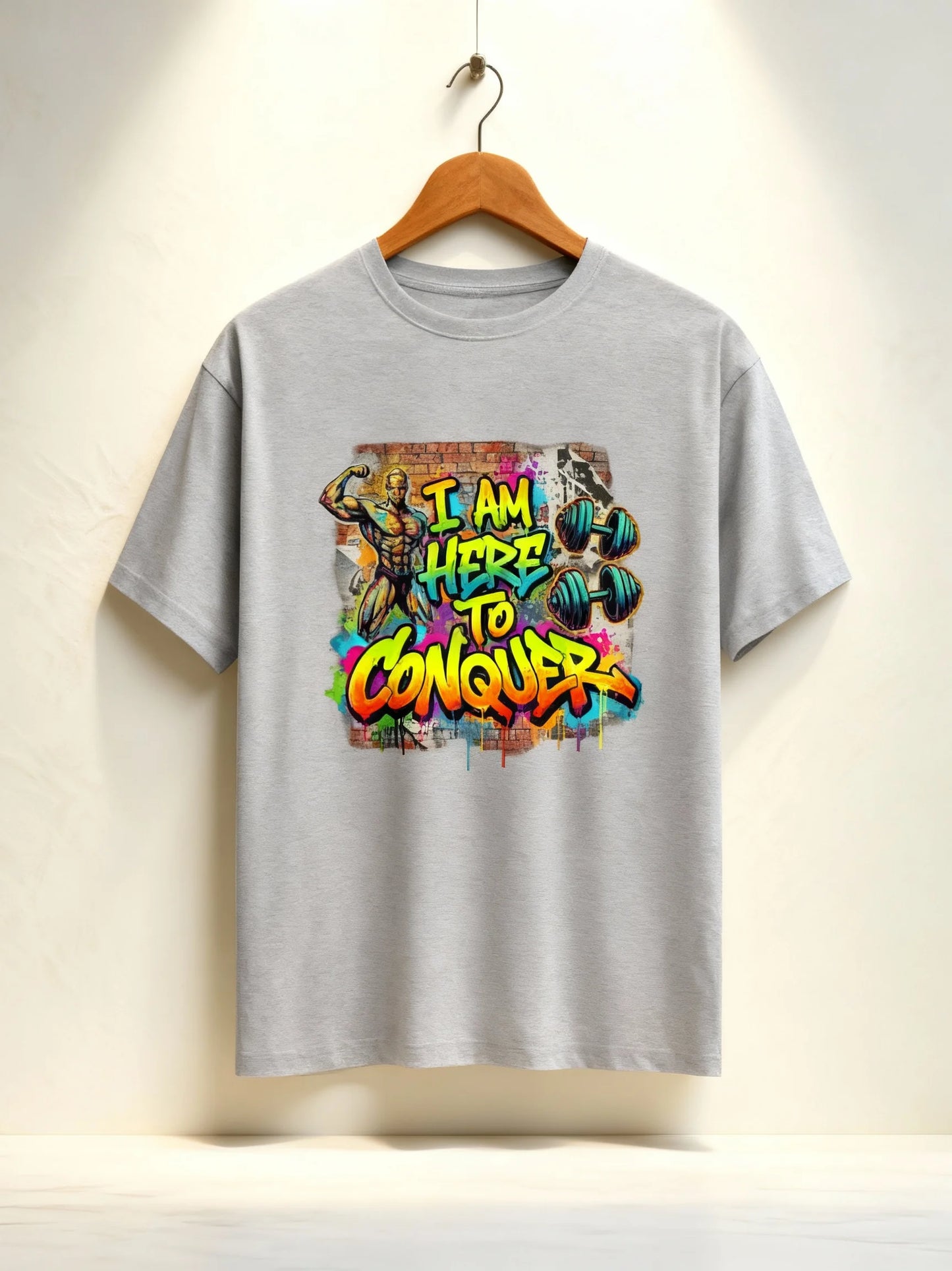 “I Am Here to Conquer” Men’s Gym & Streetwear Graphic T-Shirt Classic Crew T-Shirt
