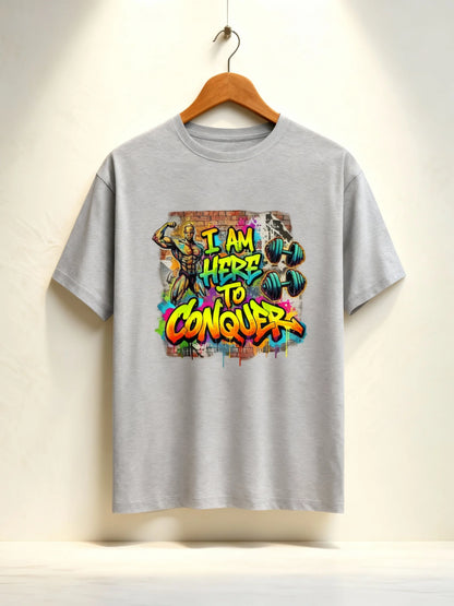 “I Am Here to Conquer” Men’s Gym & Streetwear Graphic T-Shirt Classic Crew T-Shirt
