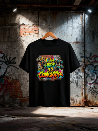 “I Am Here to Conquer” Men’s Gym & Streetwear Graphic T-Shirt Classic Crew T-Shirt