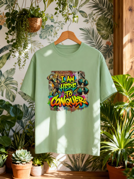 “I Am Here to Conquer” Men’s Gym & Streetwear Graphic T-Shirt Classic Crew T-Shirt