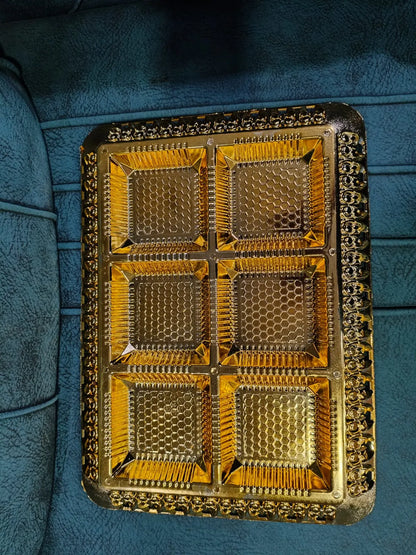 Golden Decorative Gift Hamper Tray with 6 Compartments – Premium Dry Fruit & Chocolate Box