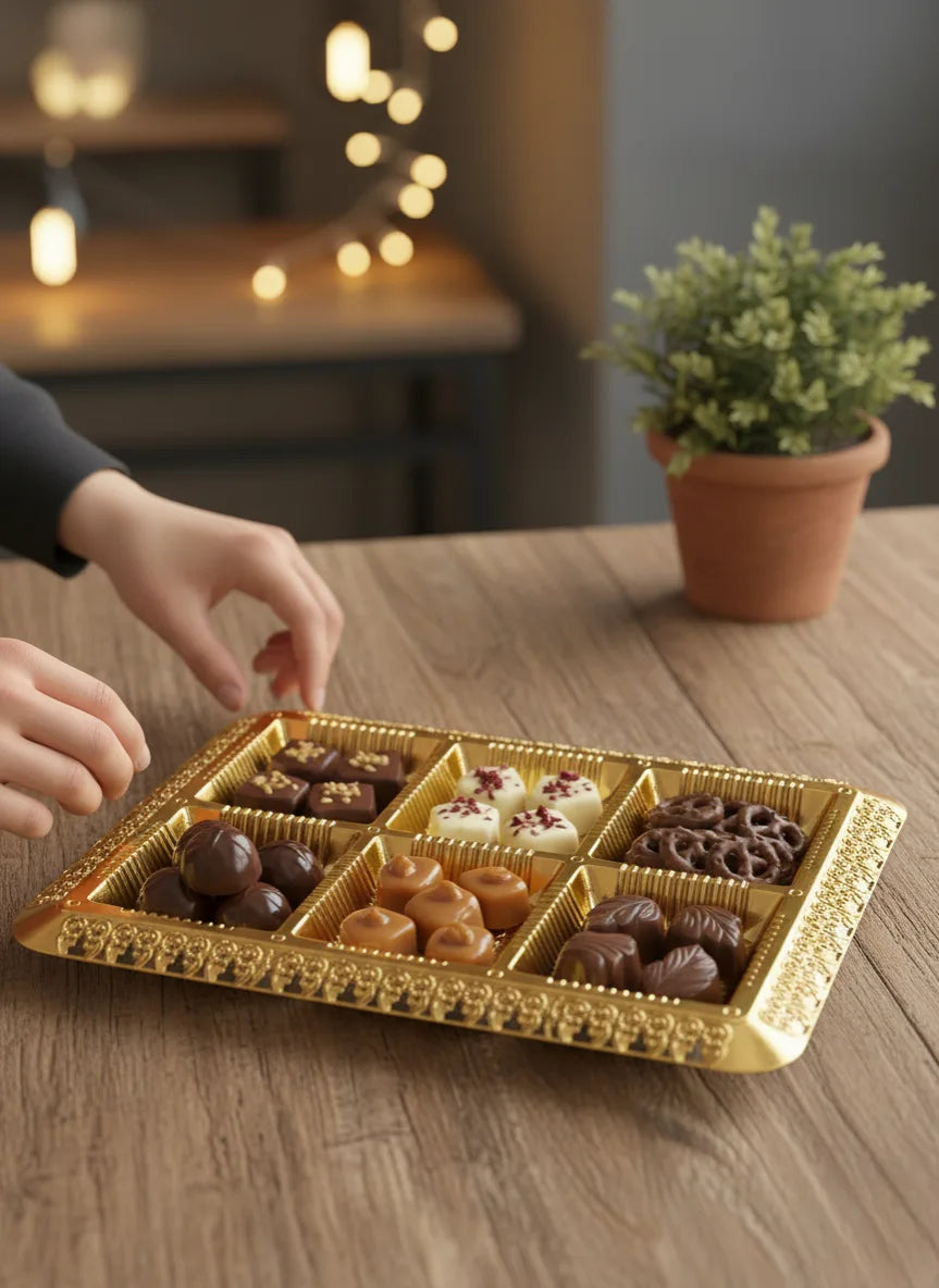 Golden Decorative Gift Hamper Tray with 6 Compartments – Premium Dry Fruit & Chocolate Box