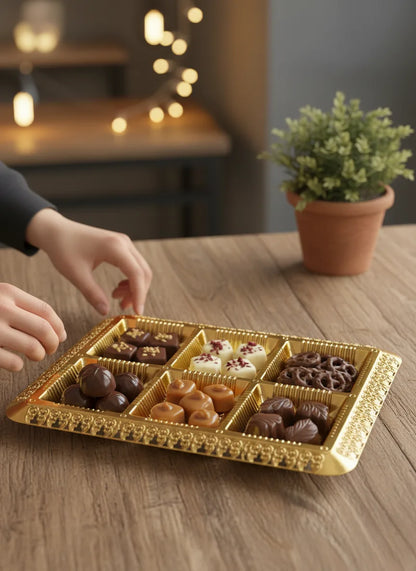Golden Decorative Gift Hamper Tray with 6 Compartments – Premium Dry Fruit & Chocolate Box