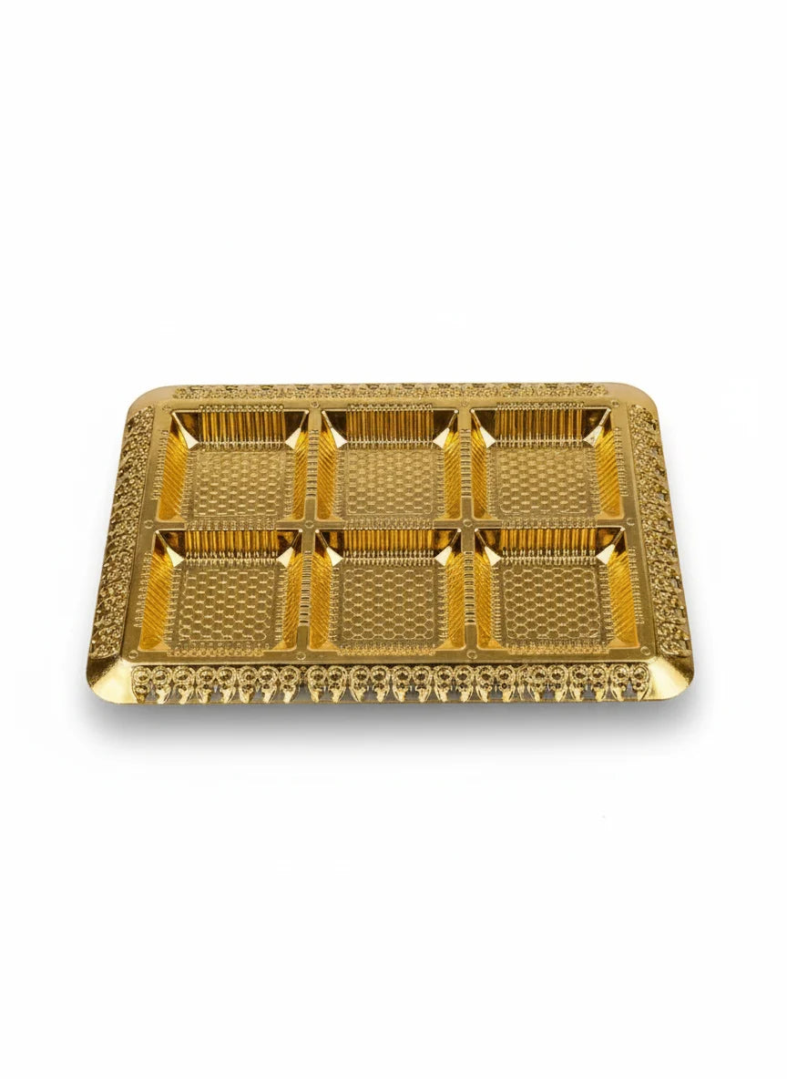 Golden Decorative Gift Hamper Tray with 6 Compartments – Premium Dry Fruit & Chocolate Box