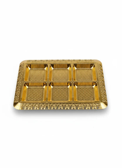 Golden Decorative Gift Hamper Tray with 6 Compartments – Premium Dry Fruit & Chocolate Box