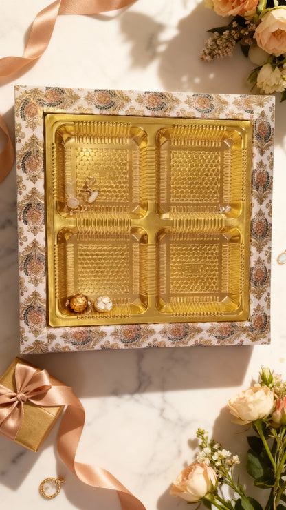 Floral Print Gift Box with Golden 4-Slot Tray – Elegant Chocolate & Dry Fruit Hamper Box