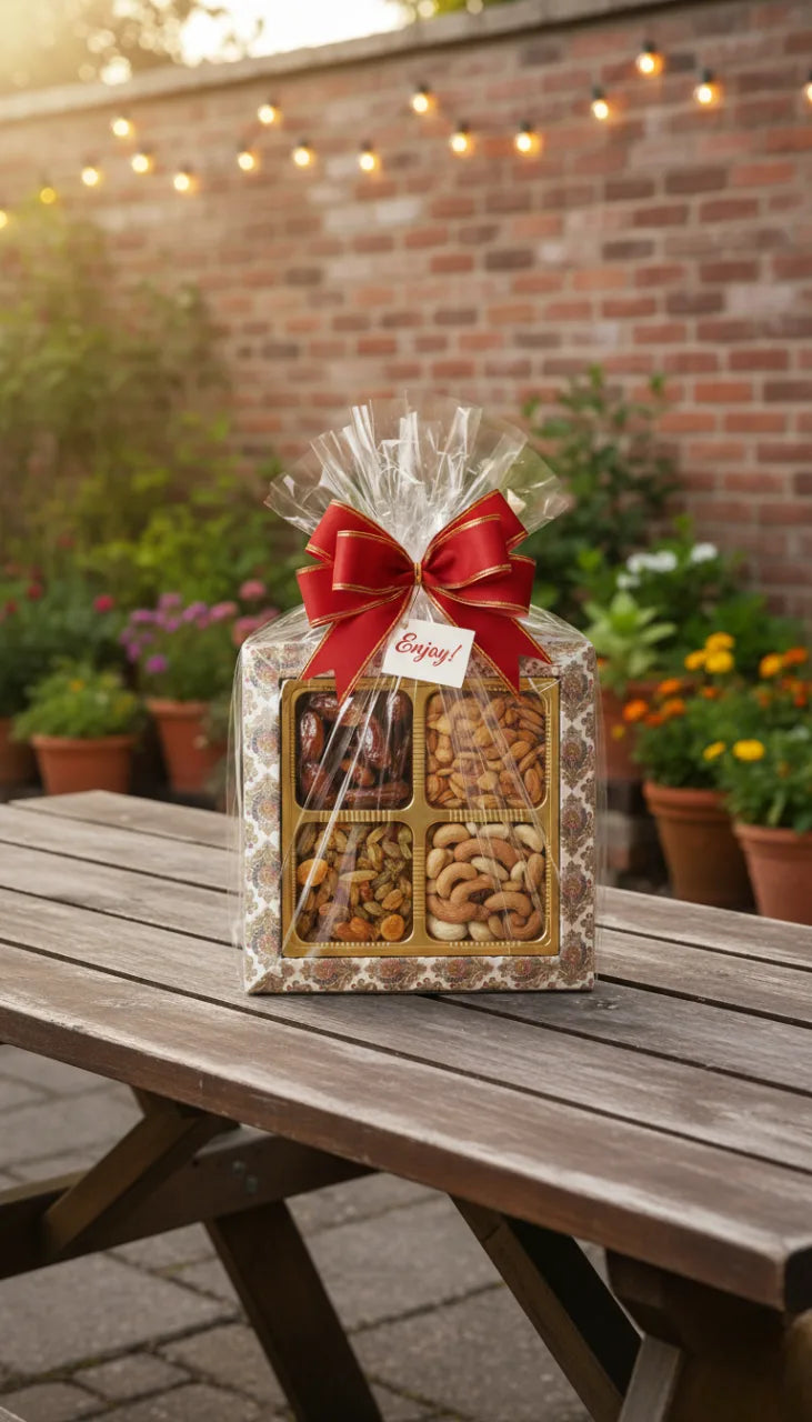 Floral Print Gift Box with Golden 4-Slot Tray – Elegant Chocolate & Dry Fruit Hamper Box